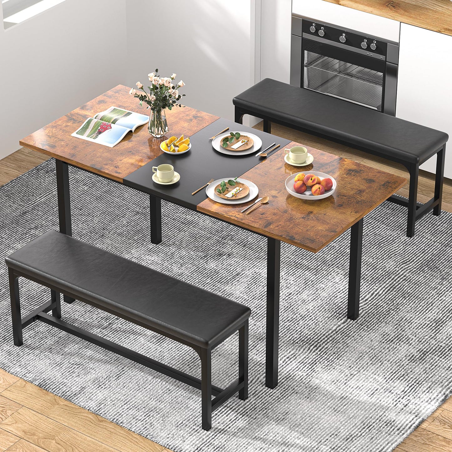 63" Extendable Kitchen Table with Benches/Chairs