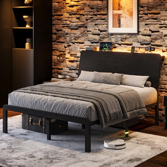 Modern bedroom with a bed against a stone wall