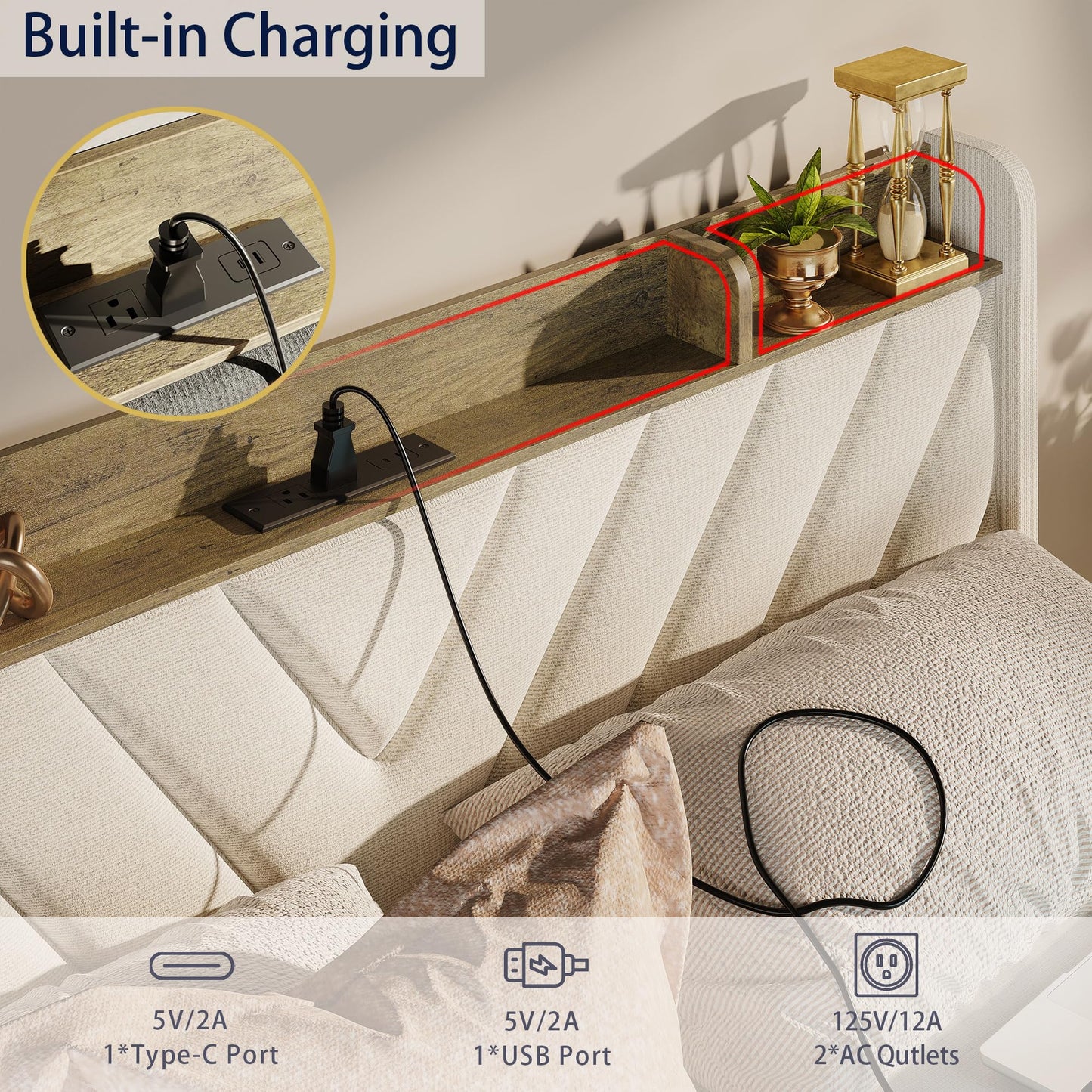 Upholstered Platform Bedframe with 3 Underbed Storage Drawers