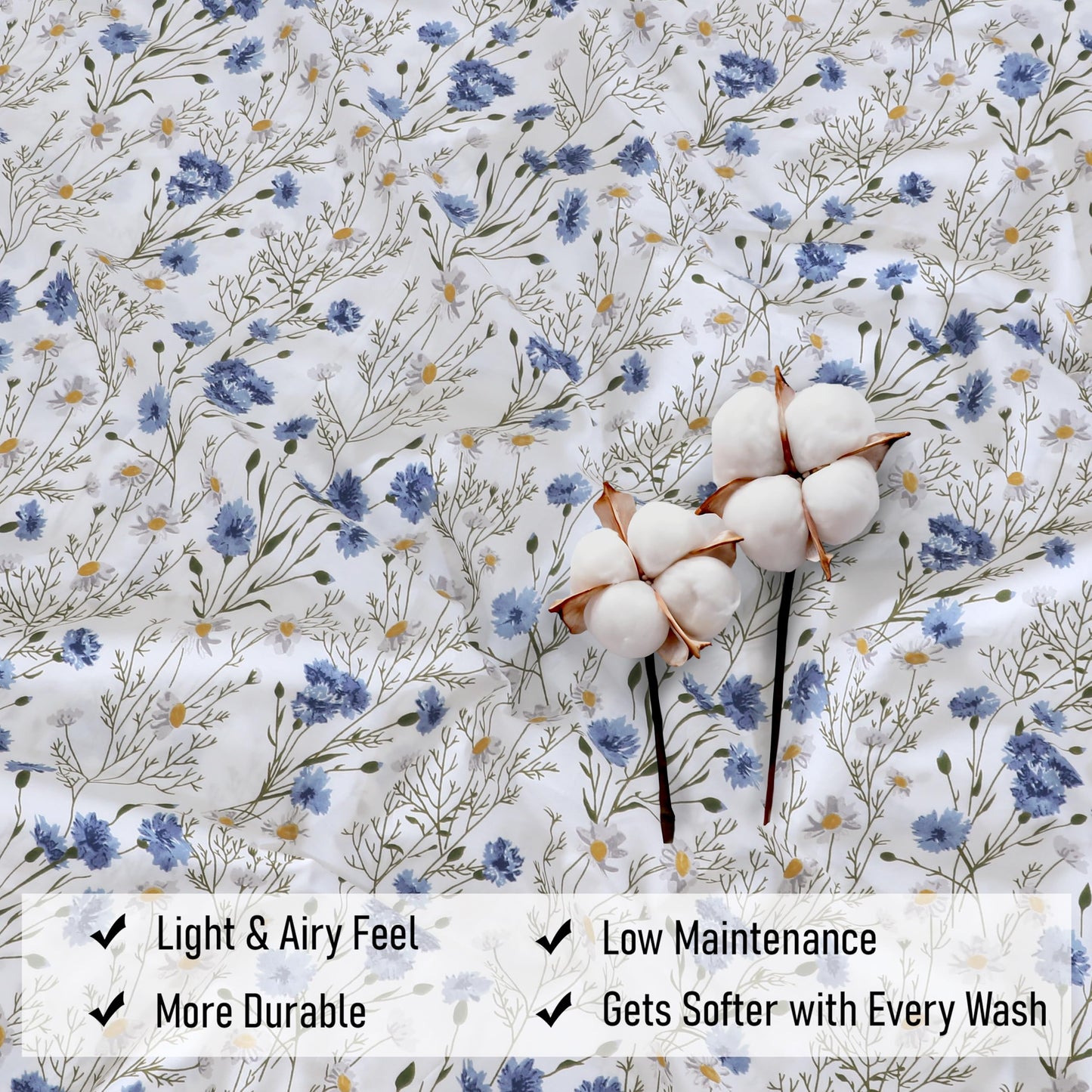 RUVANTI 100% Cotton Sheets Queen Size Set, 4 Pieces, Soft & Breathable Percale Weave Bedding, Deep Pocket 16", Hotel Standard, Crisp Cool Feeling, Durable, Perfect Floral Bed Sheet, Sweet Pea