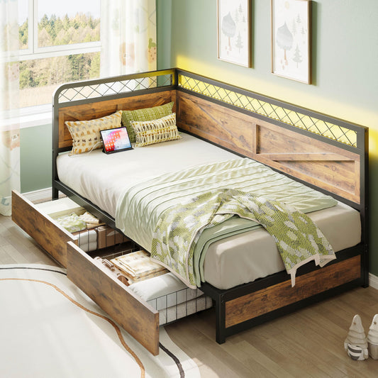 Wooden bed with metal frame in a bedroom setting
