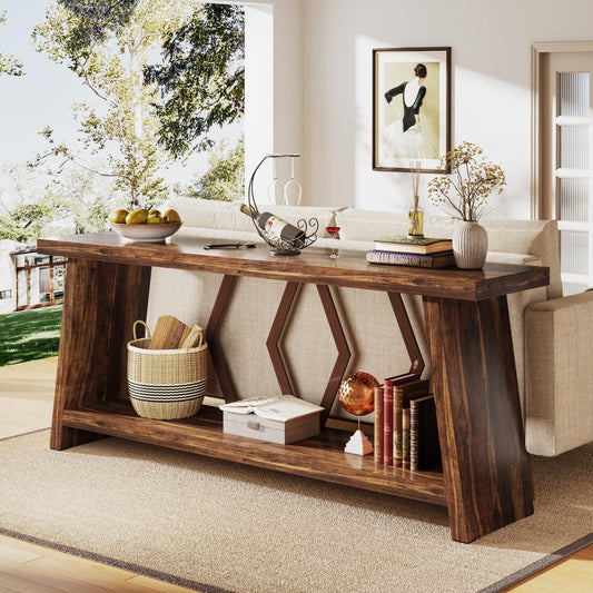 Wooden console table in a living room with decor items