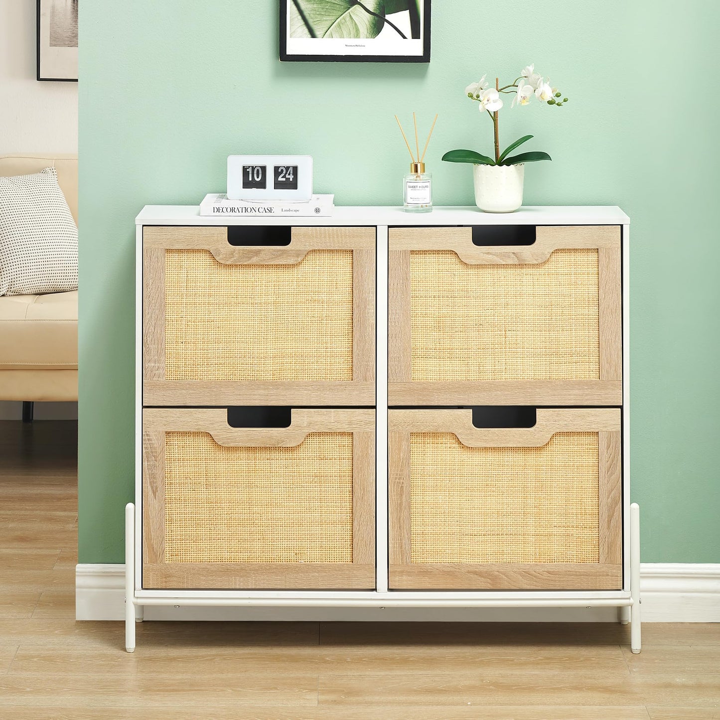 Rattan Shoe Storage Cabinet with 4 Flip Drawers