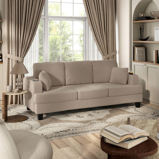 Modern Plush Boucle Couch with Side Pockets, Cup Holders and USB Ports