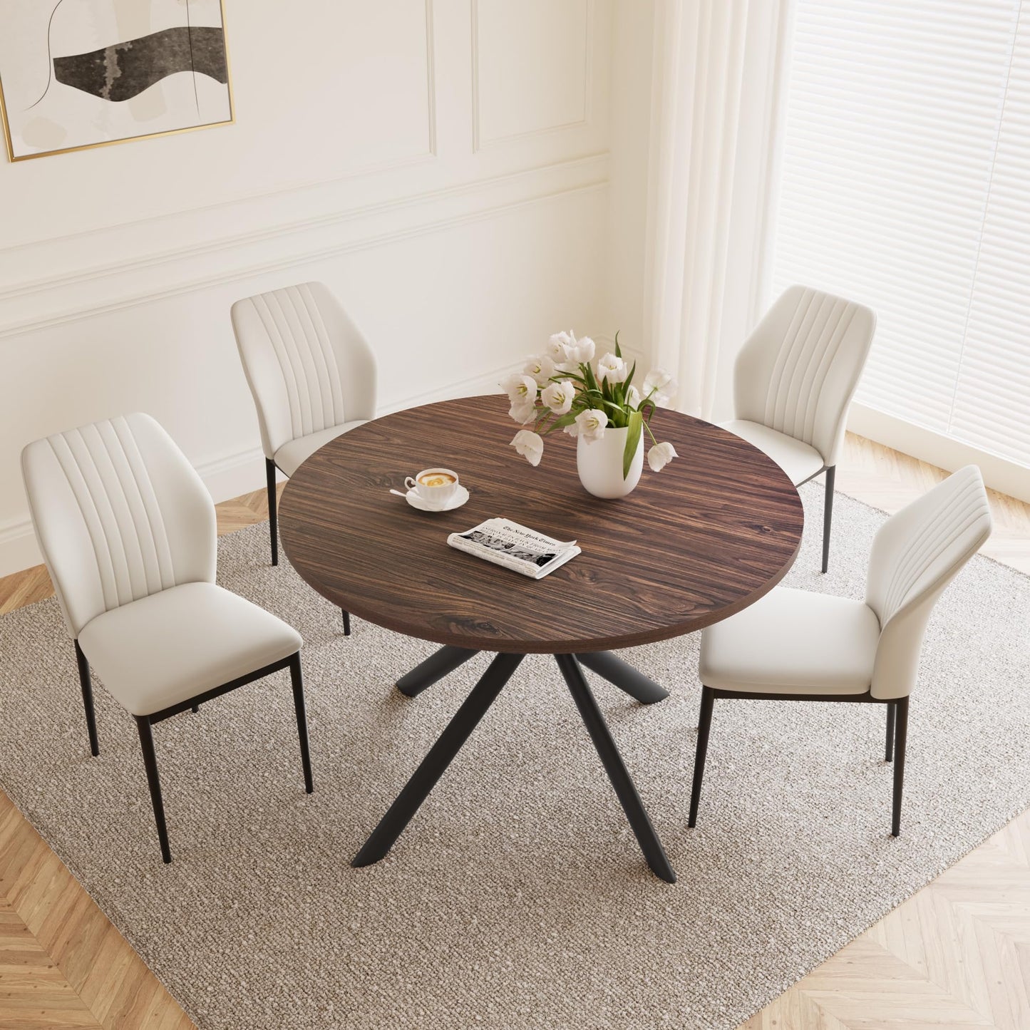 Walnut Table+4 White Chairs Dining Table