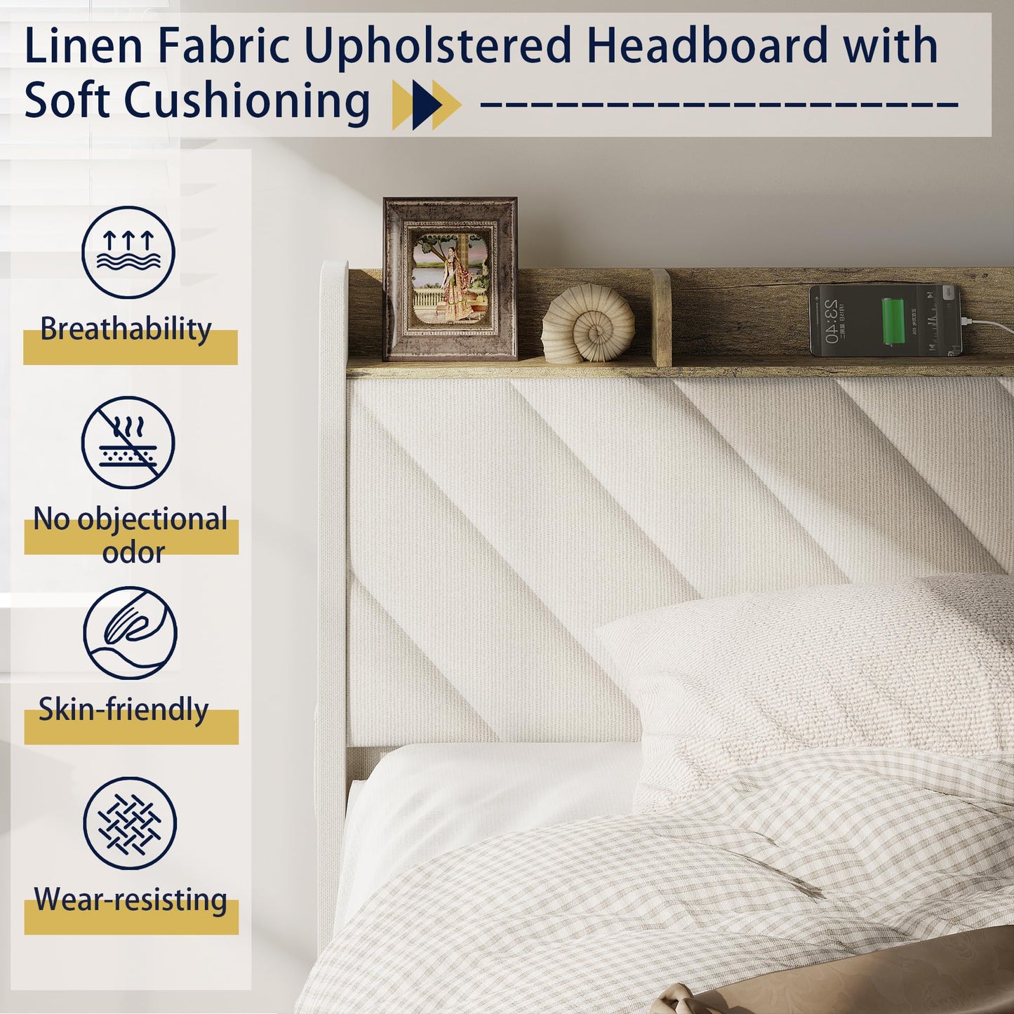 Upholstered Platform Bedframe with 3 Underbed Storage Drawers