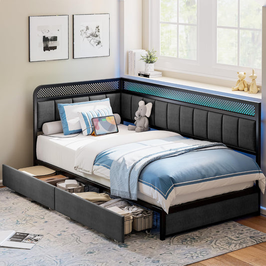 Corner bed with storage drawers in a bedroom setting