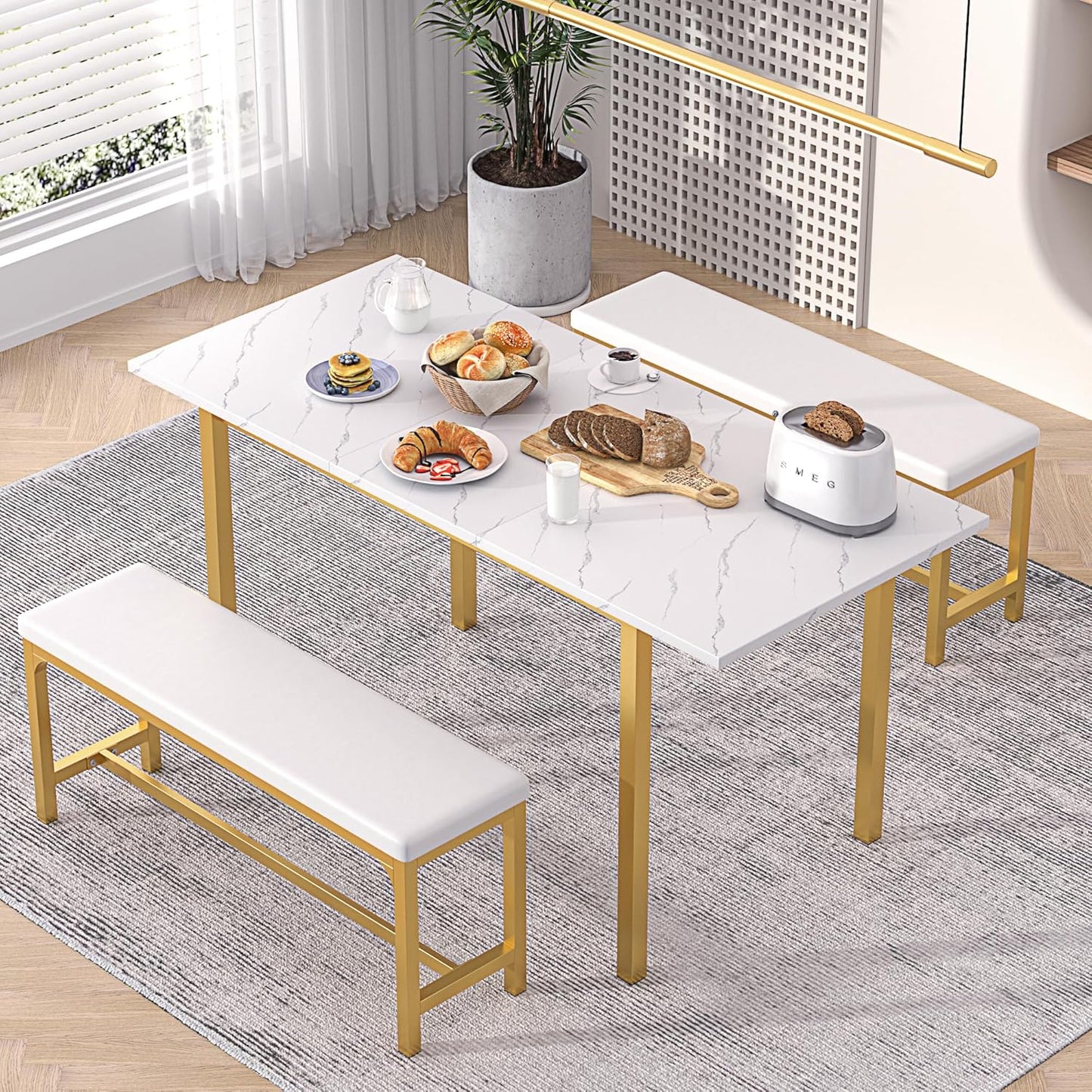 63" Extendable Kitchen Table with Benches/Chairs