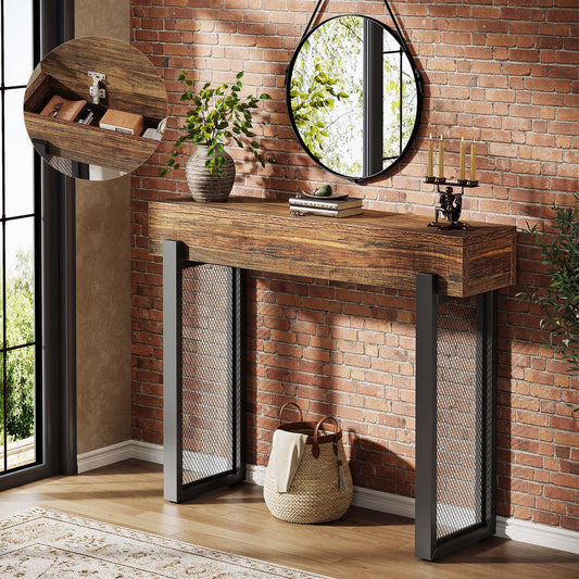 Industrial Small Entryway Table with Mesh Metal Legs