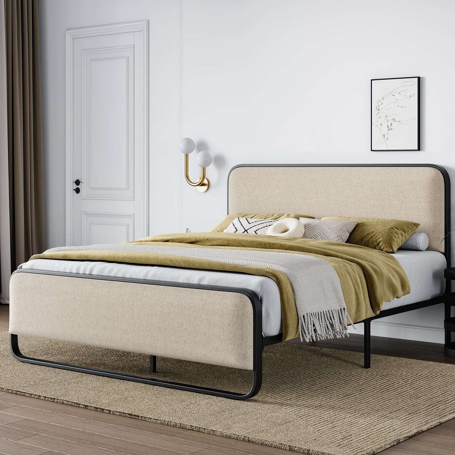 Metal Bed Frame with Curved Upholstered Headboard and Footboard