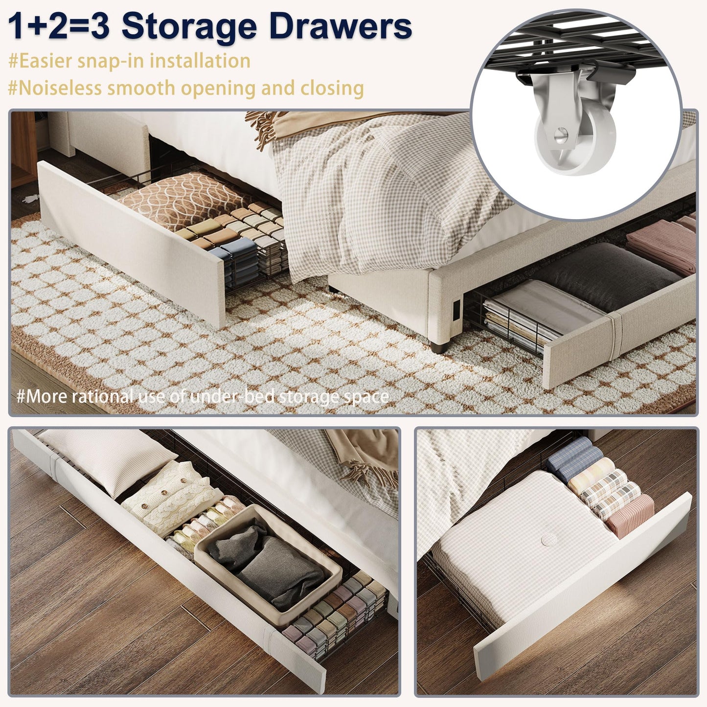 Upholstered Platform Bedframe with 3 Underbed Storage Drawers