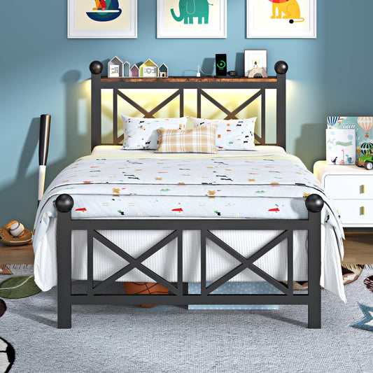 Children's bedroom with a black metal bed, colorful bedding, and wall art.
