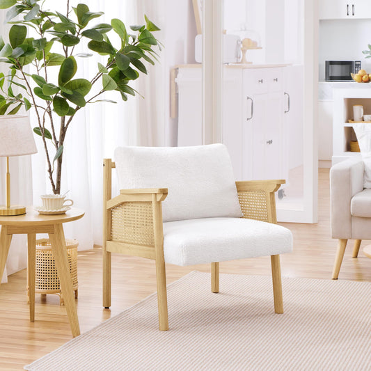 Boucle Vanity Chair with Rattan Back Arms