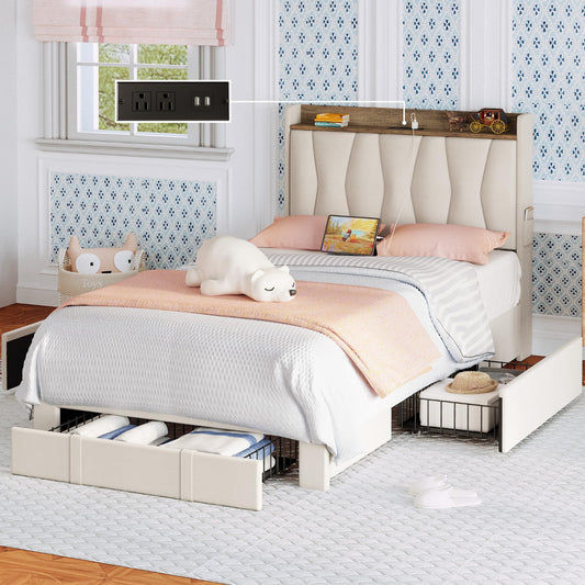 Bed Frame with 3 Drawers, Upholstered Platform Bed with Storage Headboard