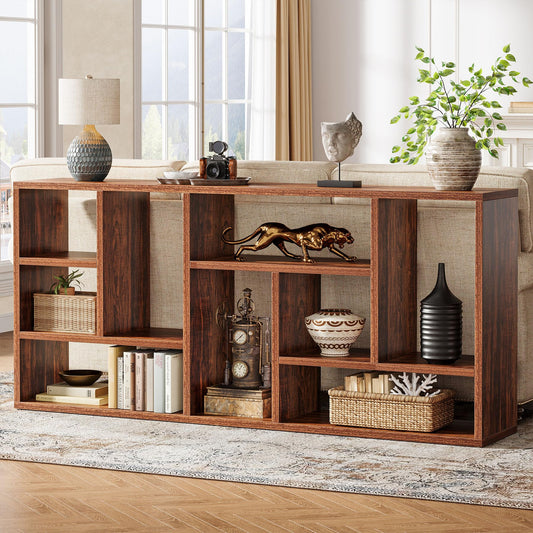 Wooden shelf with decorative items in a living room setting