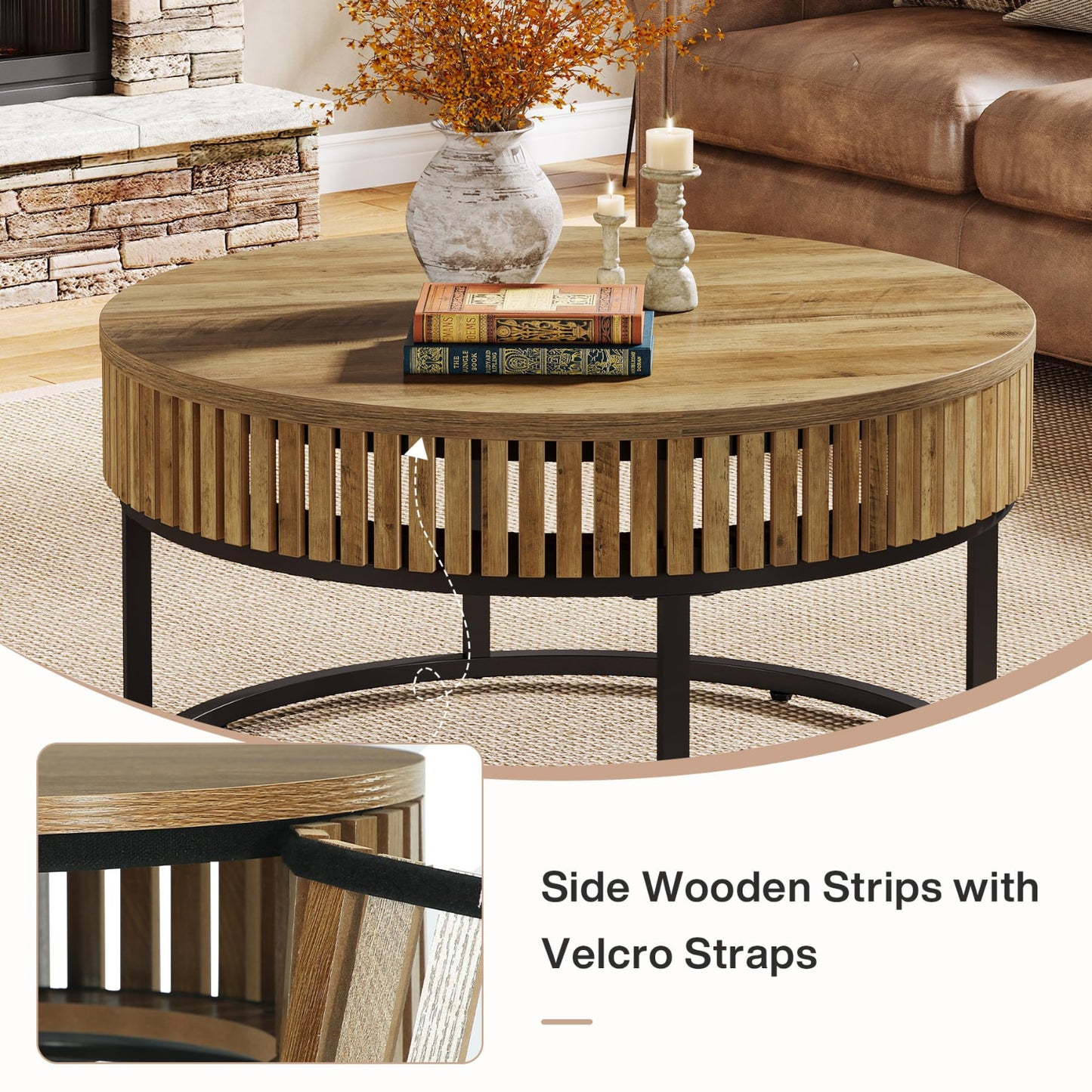 Round wooden coffee table with side wooden strips and Velcro straps in a living room setting.