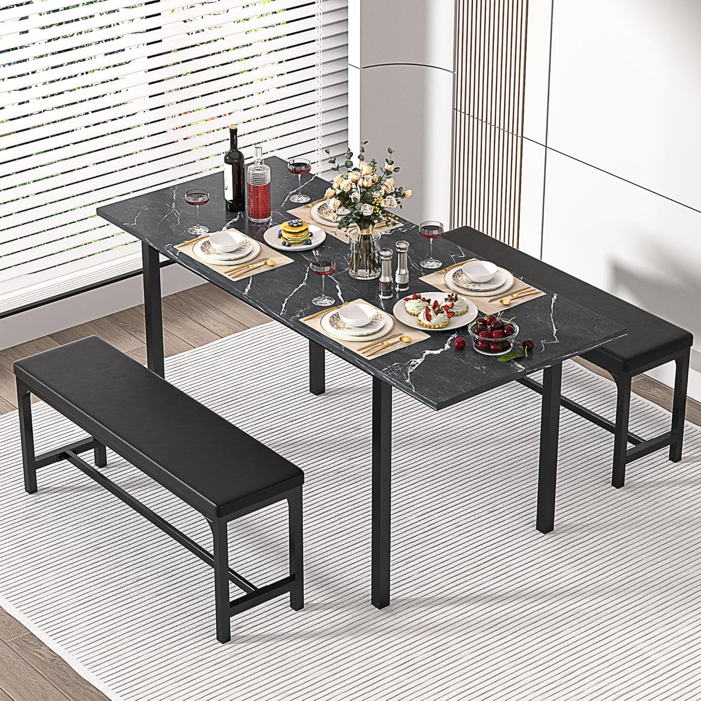 63" Extendable Kitchen Table with Benches/Chairs