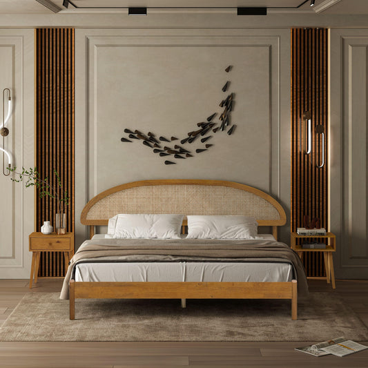 Wooden Bed Frame with Headboard and Natural Rattan