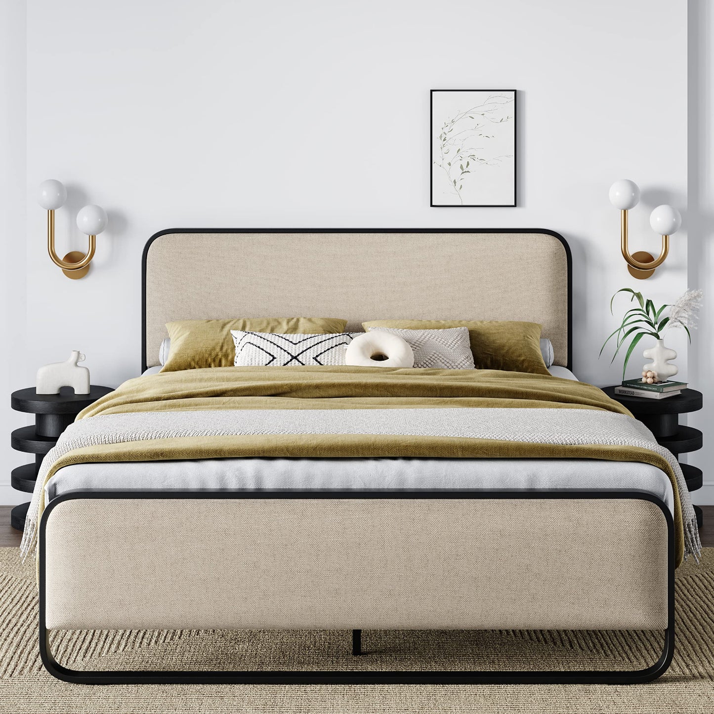 Metal Bed Frame with Curved Upholstered Headboard and Footboard
