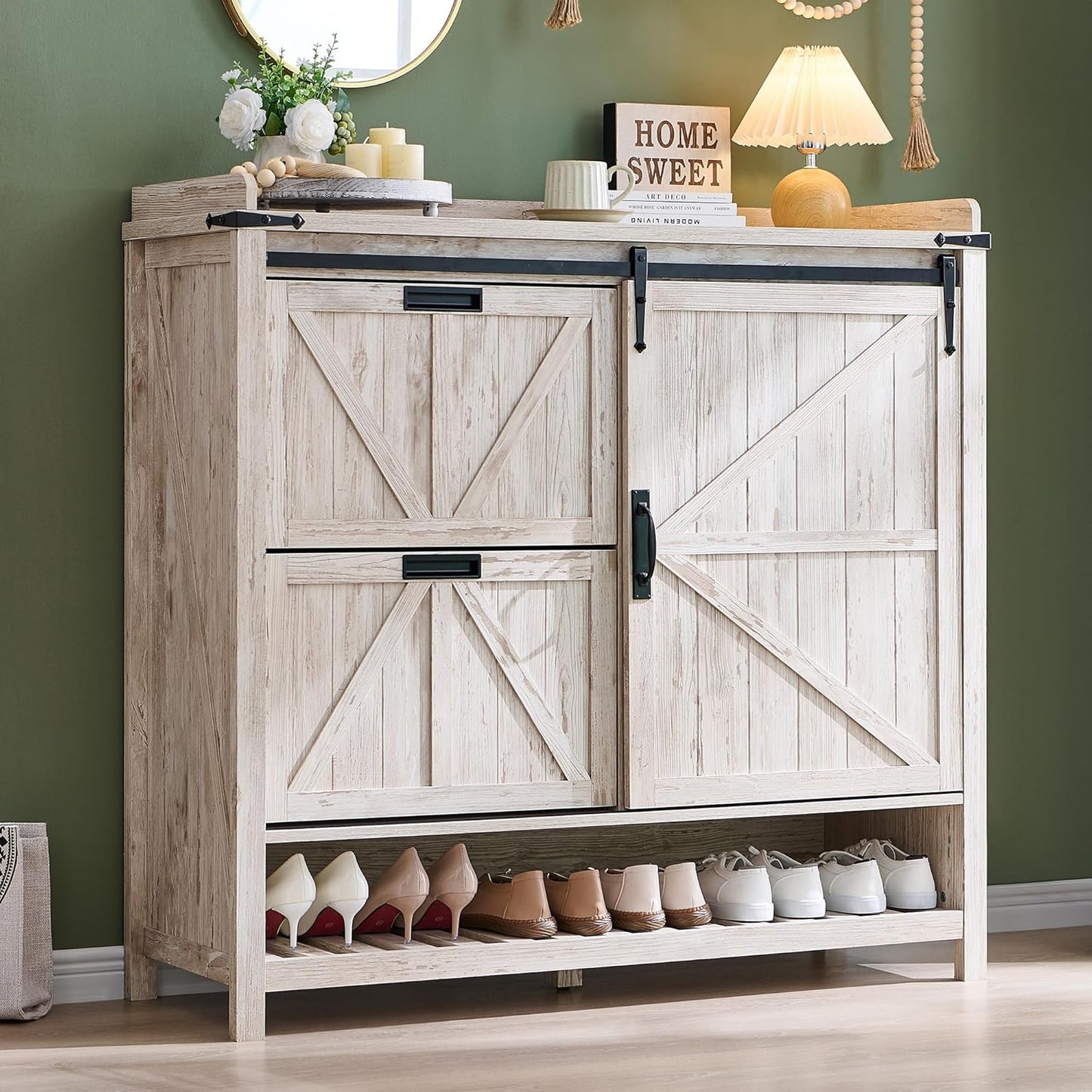 Shoe Storage Cabinet with 2 Flip Drawers & Sliding Door