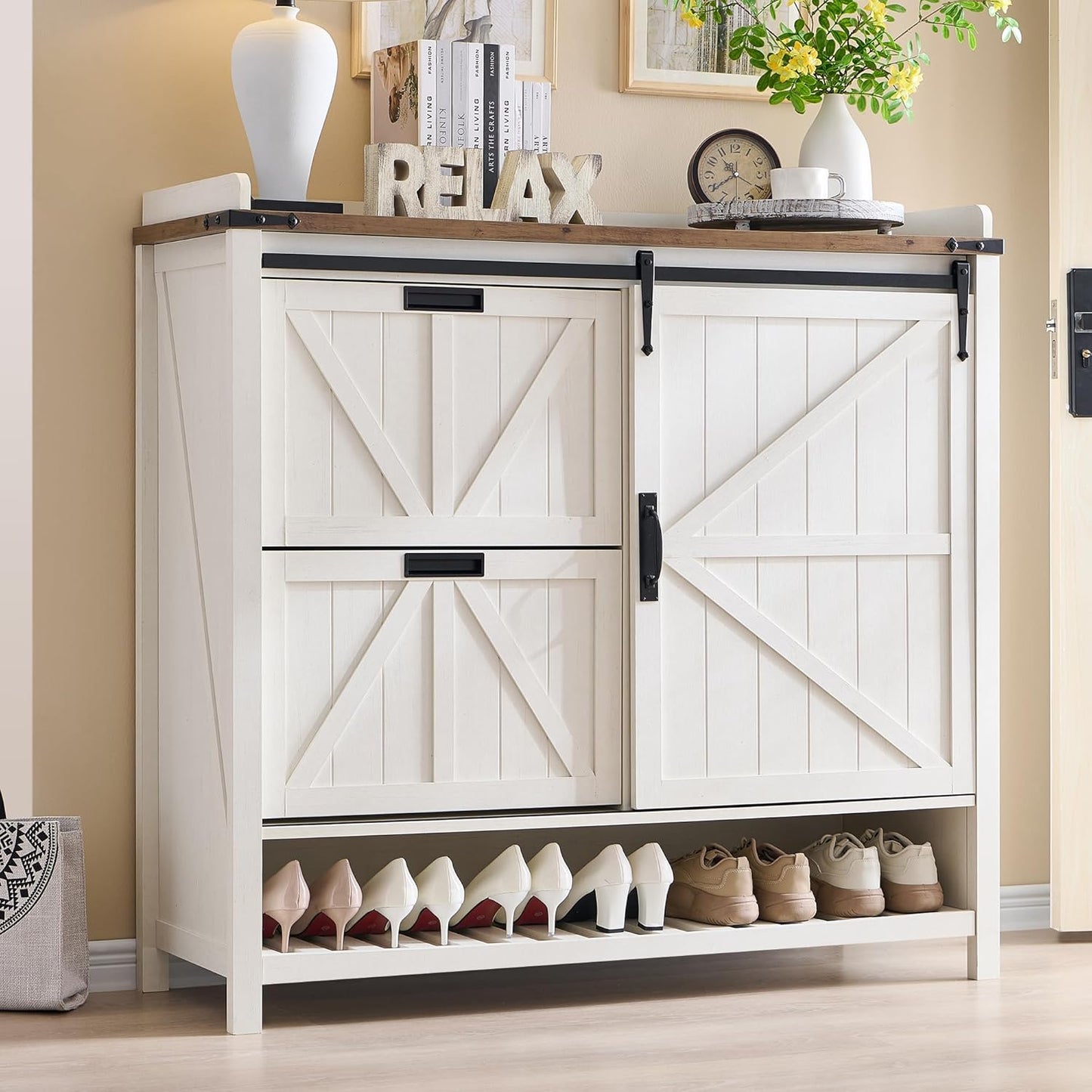 Shoe Storage Cabinet with 2 Flip Drawers & Sliding Door