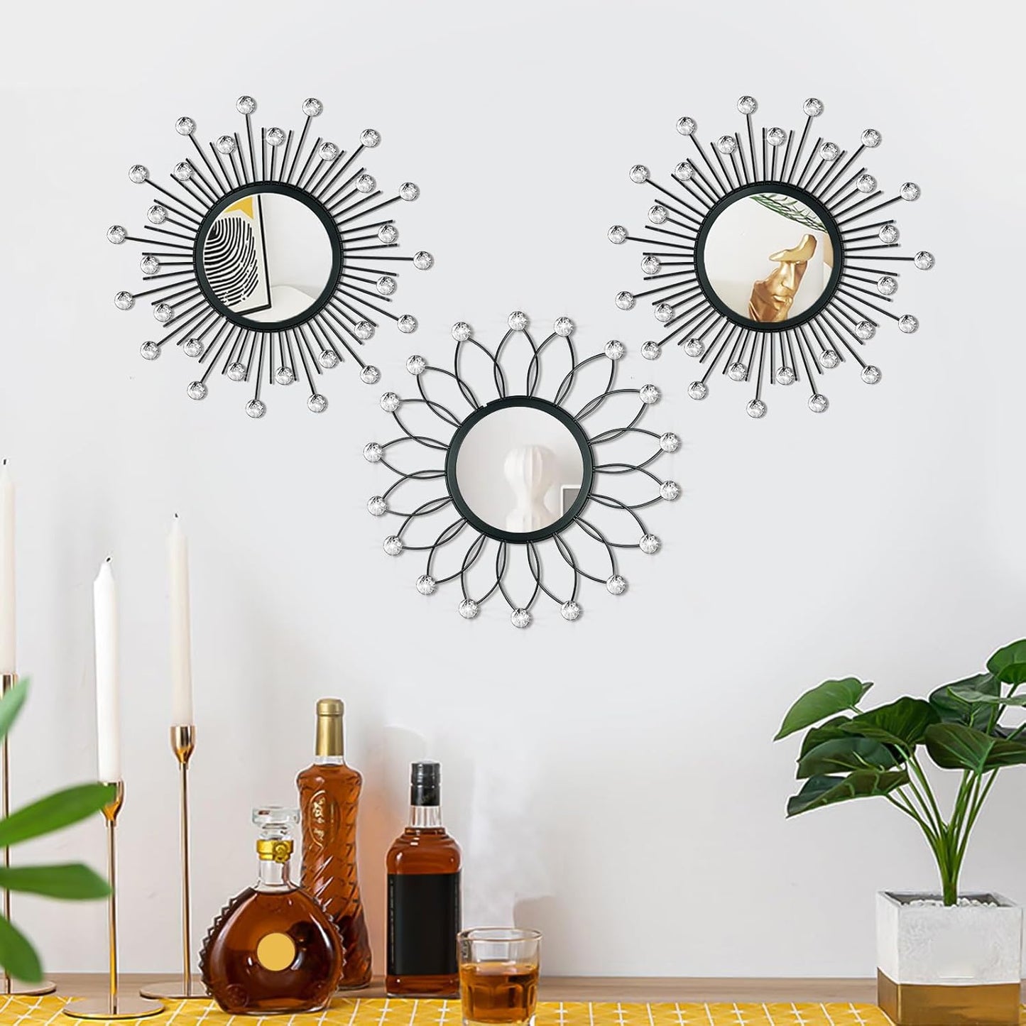 3 Pack Metal Sunburst Wall Mirrors for Home Décor