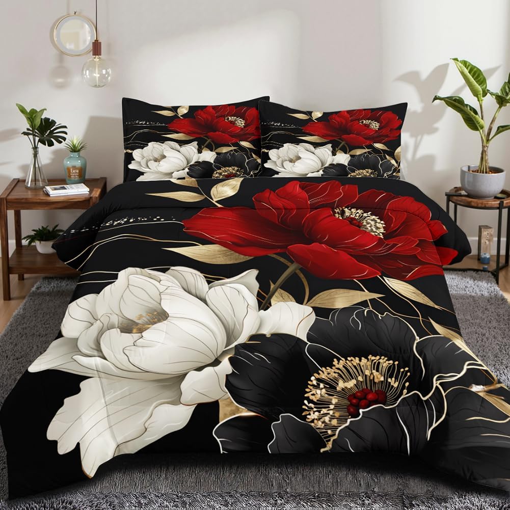 Red Black Geometric Comforter Set Queen Size 3D Stereoscopic
