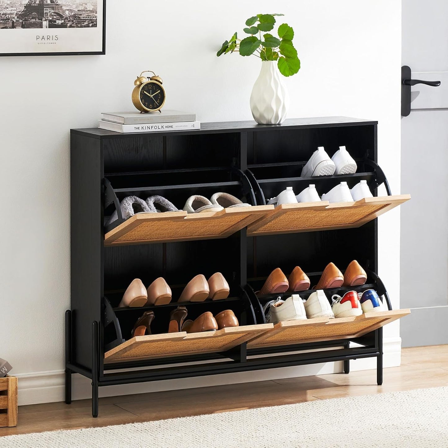 Rattan Shoe Storage Cabinet with 4 Flip Drawers