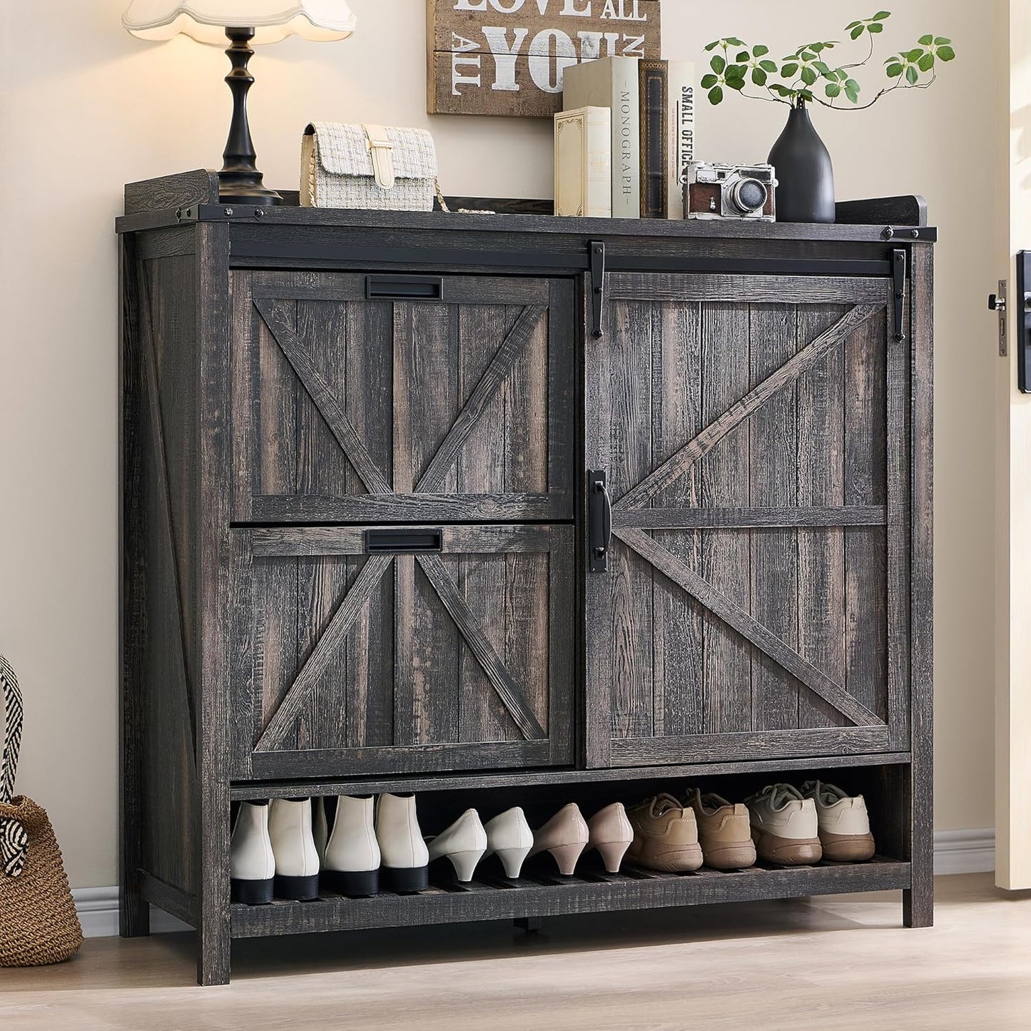 Shoe Storage Cabinet with 2 Flip Drawers & Sliding Door