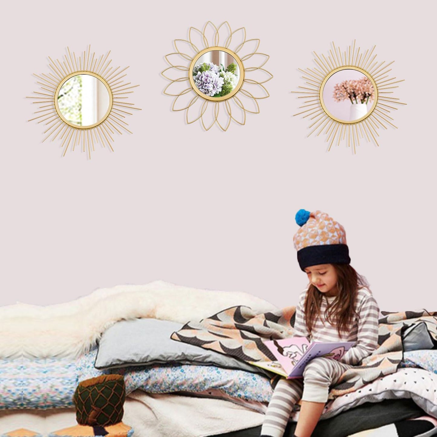 3 Pack Metal Sunburst Wall Mirrors for Home Décor