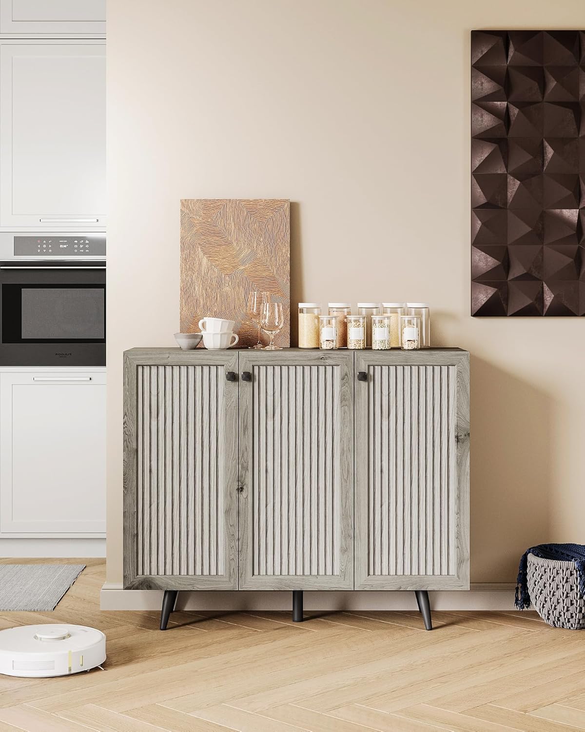 Sideboard Buffet Cabinet with 3 Faux Slatted Pattern Doors