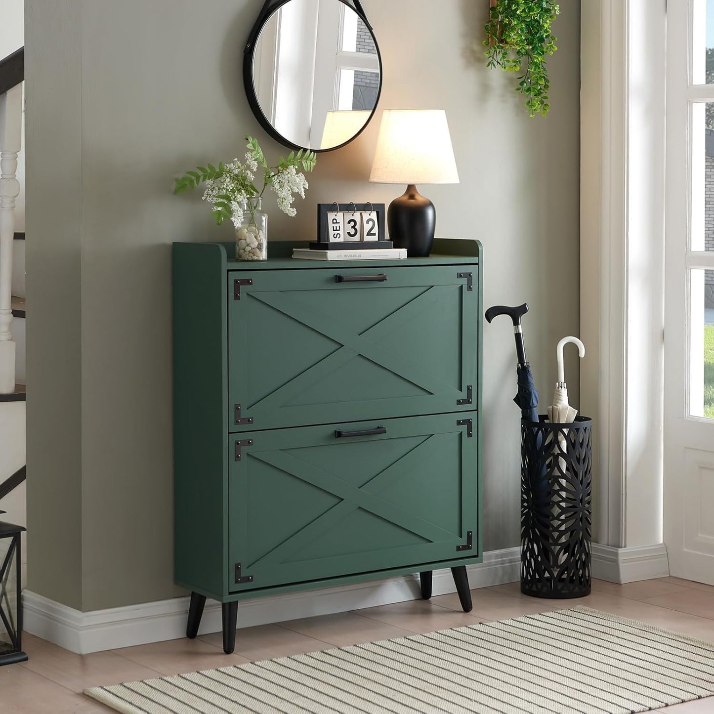 Barn Door Farmhouse Shoe Organizer with 2 Flip Drawers