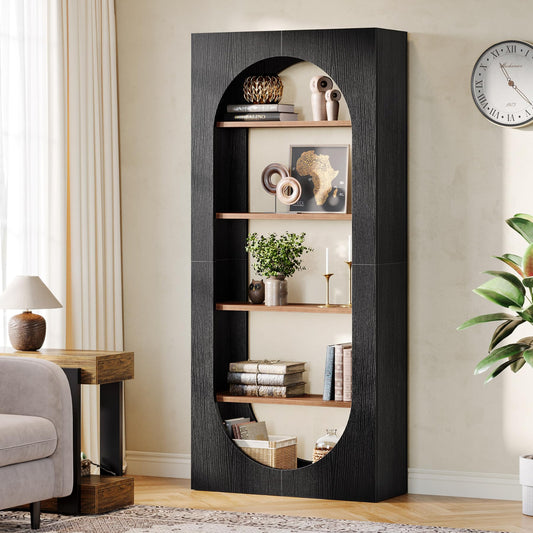 Tall black bookshelf with wooden shelves in a living room setting.