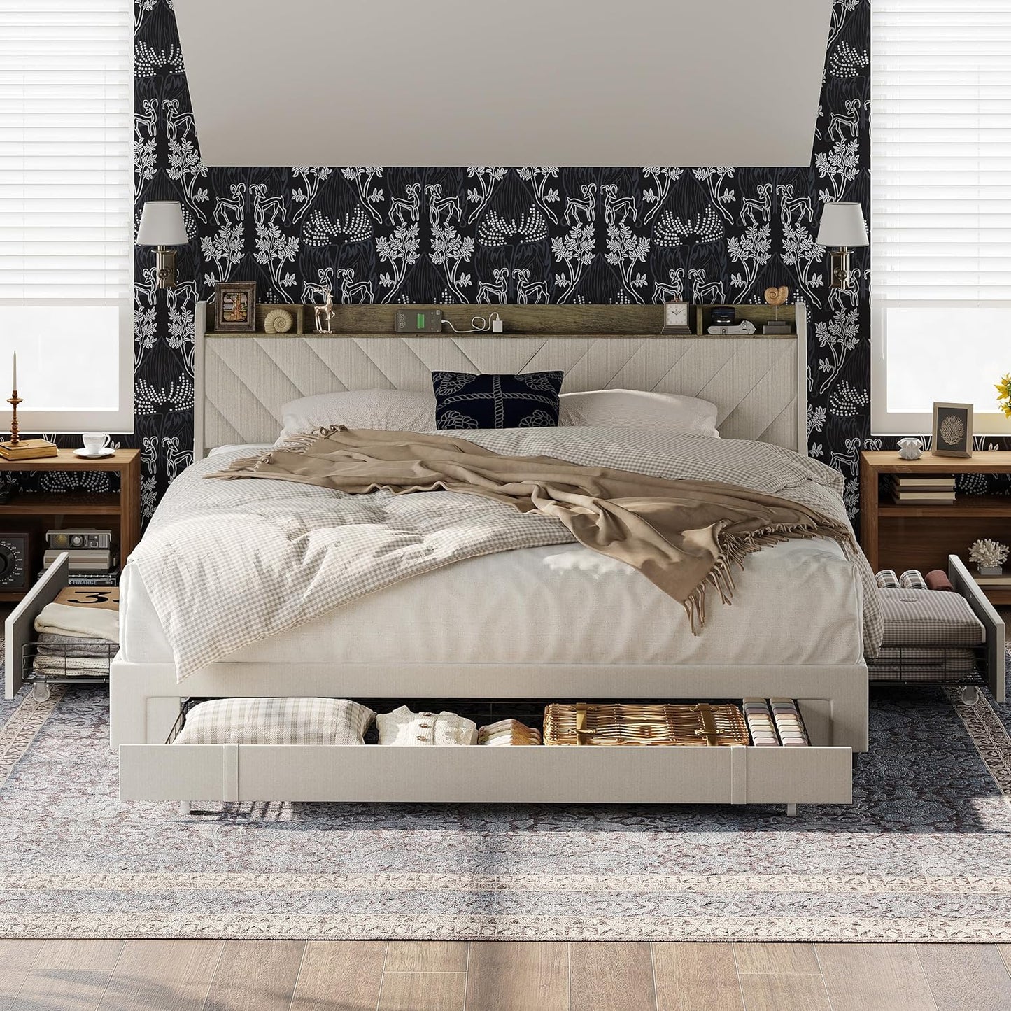 Upholstered Platform Bedframe with 3 Underbed Storage Drawers