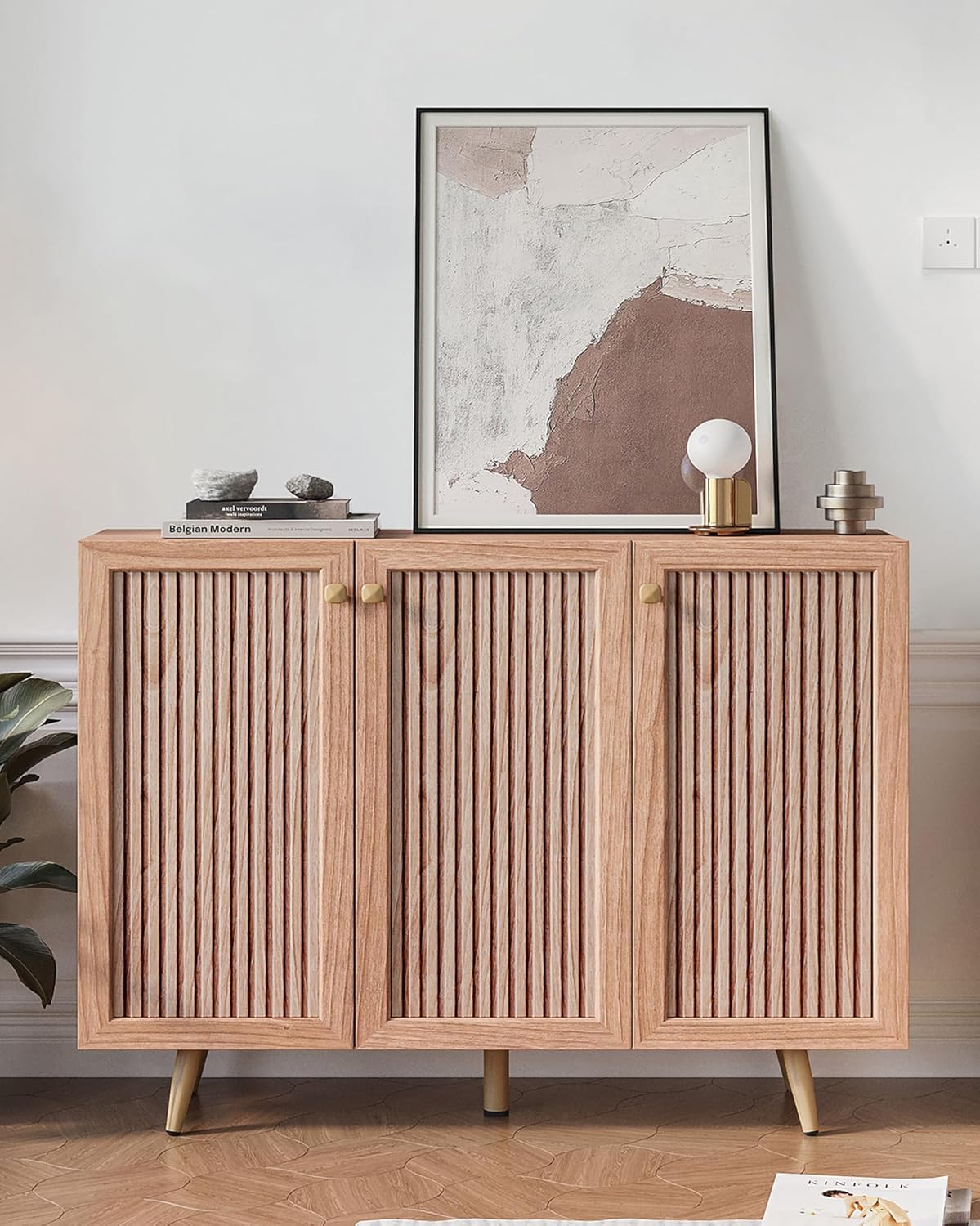 Sideboard Buffet Cabinet with 3 Faux Slatted Pattern Doors