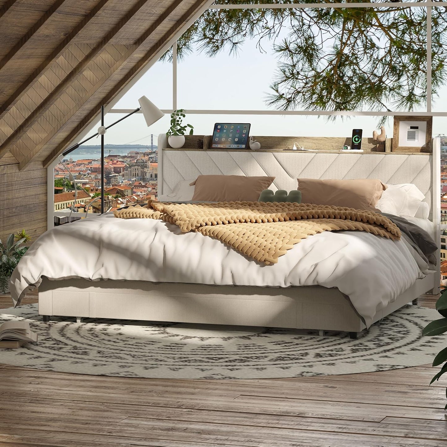 Upholstered Platform Bedframe with 3 Underbed Storage Drawers