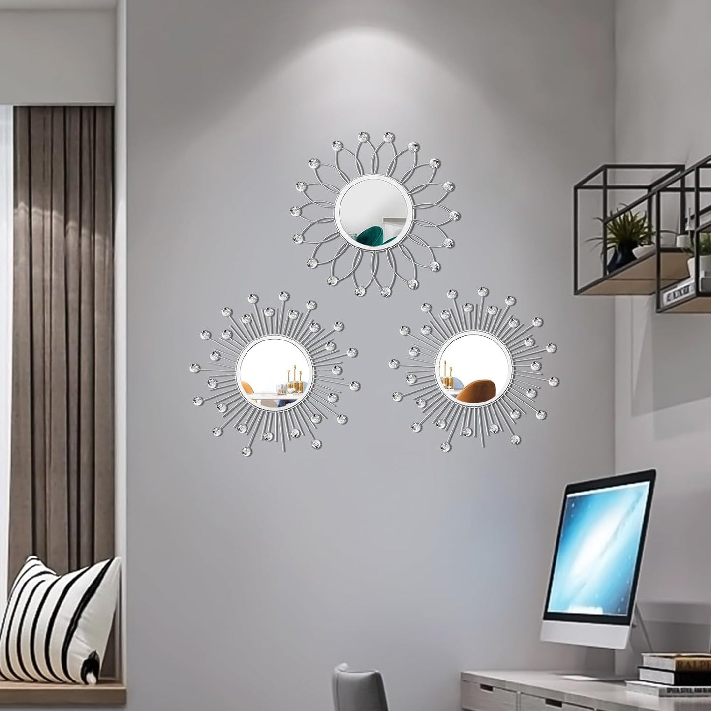 3 Pack Metal Sunburst Wall Mirrors for Home Décor