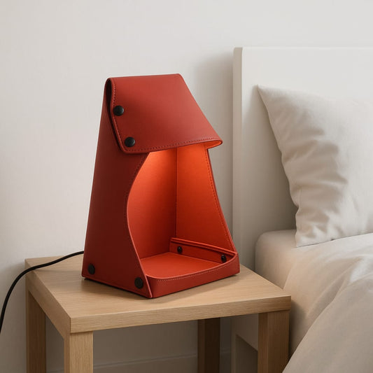 Red lamp on a wooden nightstand next to a bed with white pillows.
