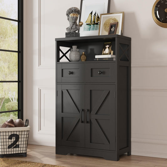 Black storage cabinet with decorative items in a room with a window and wall clock.