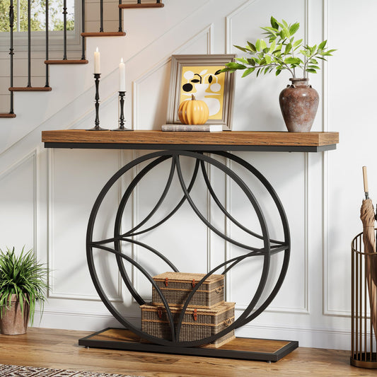 Console table with decorative items in a home setting
