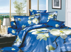 3D White Magnolia and Blue Sky Printed Cotton Luxury 4-Piece Bedding Sets/Duvet Covers