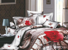 3D Red Rose and Film Printed Retro Style Cotton Luxury 4-Piece Green Bedding Sets