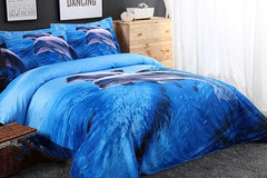 3D Dolphin Jumping in Ocean Printed Cotton Luxury 4-Piece Blue Bedding Sets/Duvet Covers