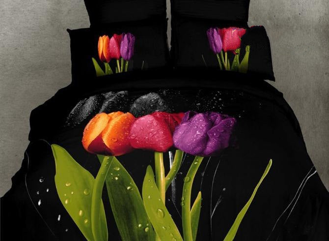 3D Colorful Tulips Printed Cotton Luxury 4-Piece Black Bedding Sets/Duvet Covers