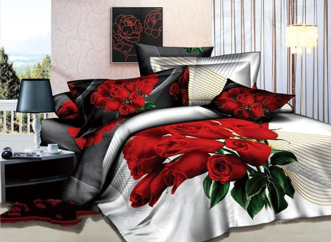 3D A Bunch of Red Roses Printed Cotton Luxury 4-Piece White Bedding Sets