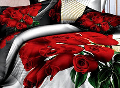 3D A Bunch of Red Roses Printed Cotton Luxury 4-Piece White Bedding Sets