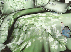 3D White Blooms and Butterfly Green Cotton Luxury 4-Piece Bedding Sets/Duvet Covers