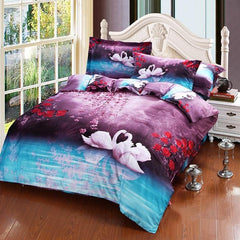 3D White Swans and Flower Printed Cotton Luxury 4-Piece Bedding Sets/Duvet Covers