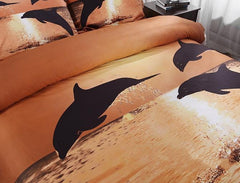 3D Dolphin in the Setting Sun Printed Cotton Luxury 4-Piece Bedding Sets/Duvet Covers