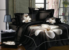 3D White Magnolia Printed Cotton Luxury 4-Piece Bedding Sets